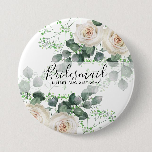 Bridesmaid Gifts White Roses Theme Personalized Button (Front)