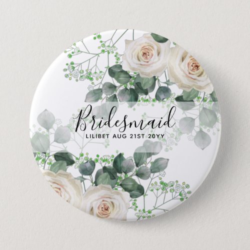 Bridesmaid Gifts White Roses Theme Personalized Button