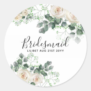 Bridesmaid Gifts White Roses Theme Personalized Classic Round Sticker