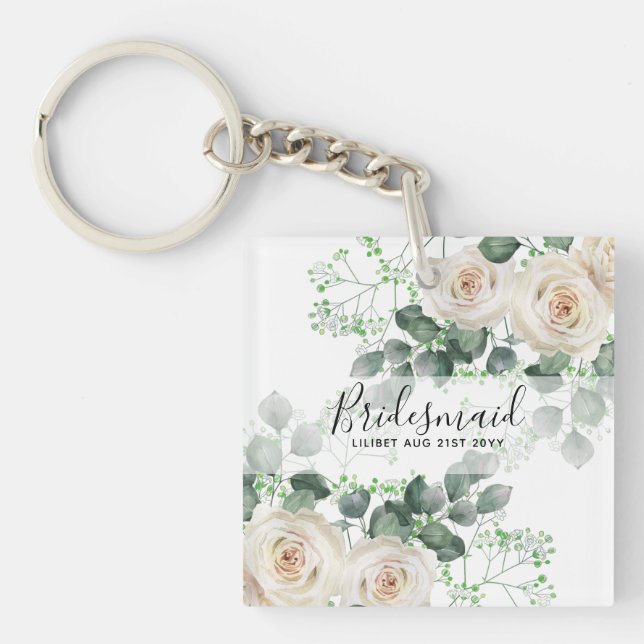 Bridesmaid Gifts White Roses Theme Personalized Keychain (Front)