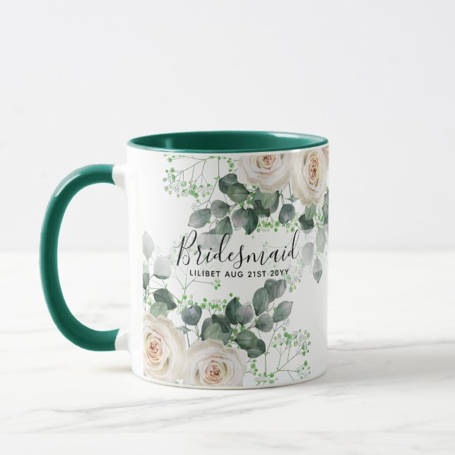 Bridesmaid Gifts White Roses Theme Personalized Mug (Left)