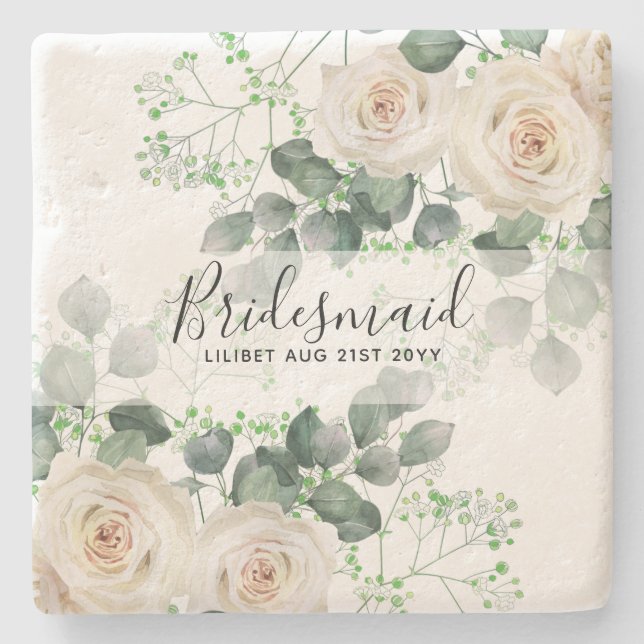 Bridesmaid Gifts White Roses Theme Personalized Stone Coaster (Front)