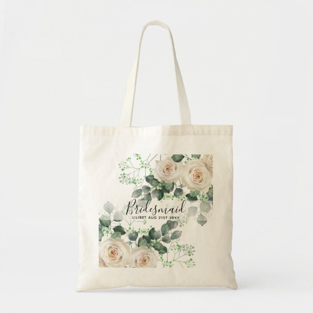 Bridesmaid Gifts White Roses Theme Personalized Tote Bag (Front)