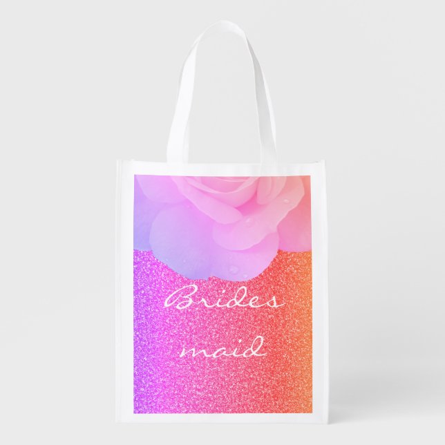 Bridesmaid Glittery Rose Gold Pink Floral Wedding Grocery Bag (Front)