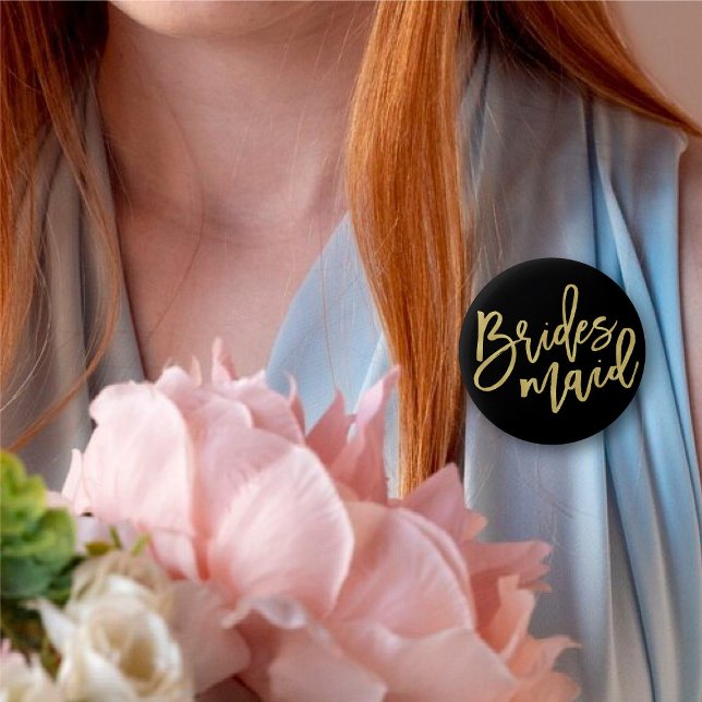 Bridesmaid Gold Brush Script Bridal Party Wedding Button ('Bridesmaid' Gold Brush Script Calligraphy Wedding Rehearsal Pin Button @ fatfatin_blue_knot)