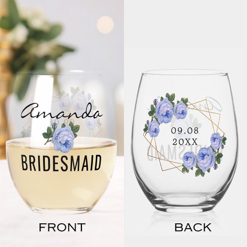Bridesmaid Gold Glitter Geo Blue Floral Wedding Stemless Wine Glass