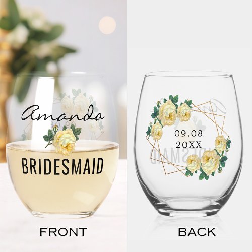 Bridesmaid Gold Glitter Geo Yellow Floral Wedding Stemless Wine Glass
