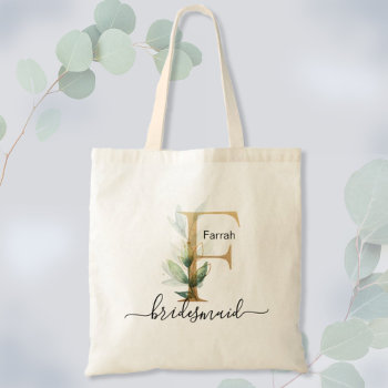 Bridesmaid Gold Leaf Greenery Foliage Monogram "f" Tote Bag by HappyDesigner at Zazzle