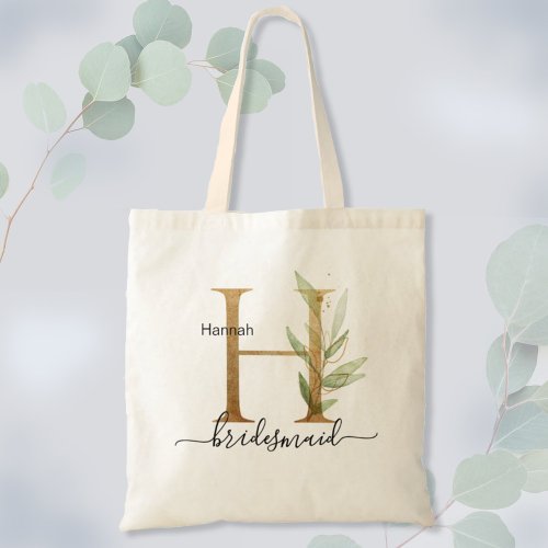 Bridesmaid Gold Leaf Greenery Foliage Monogram H Tote Bag