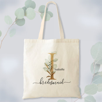Bridesmaid Gold Leaf Greenery Foliage Monogram "i" Tote Bag by HappyDesigner at Zazzle