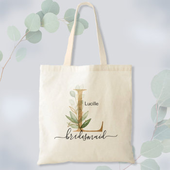 Bridesmaid Gold Leaf Greenery Foliage Monogram "l" Tote Bag by HappyDesigner at Zazzle