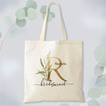 Bridesmaid Gold Leaf Greenery Foliage Monogram "r" Tote Bag by HappyDesigner at Zazzle