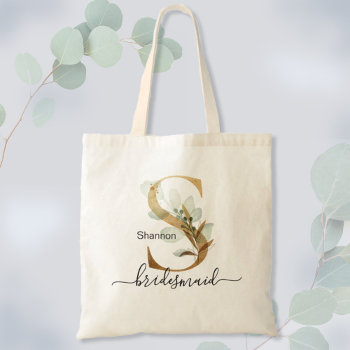 Bridesmaid Gold Leaf Greenery Foliage Monogram "s" Tote Bag by HappyDesigner at Zazzle