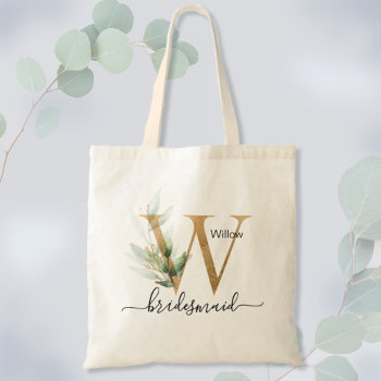 Bridesmaid Gold Leaf Greenery Foliage Monogram "w" Tote Bag by HappyDesigner at Zazzle