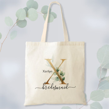 Bridesmaid Gold Leaf Greenery Foliage Monogram "x" Tote Bag by HappyDesigner at Zazzle