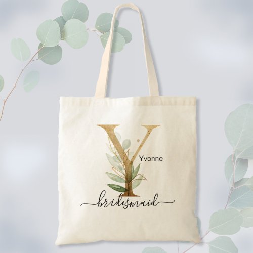 Bridesmaid Gold Leaf Greenery Foliage Monogram Y Tote Bag
