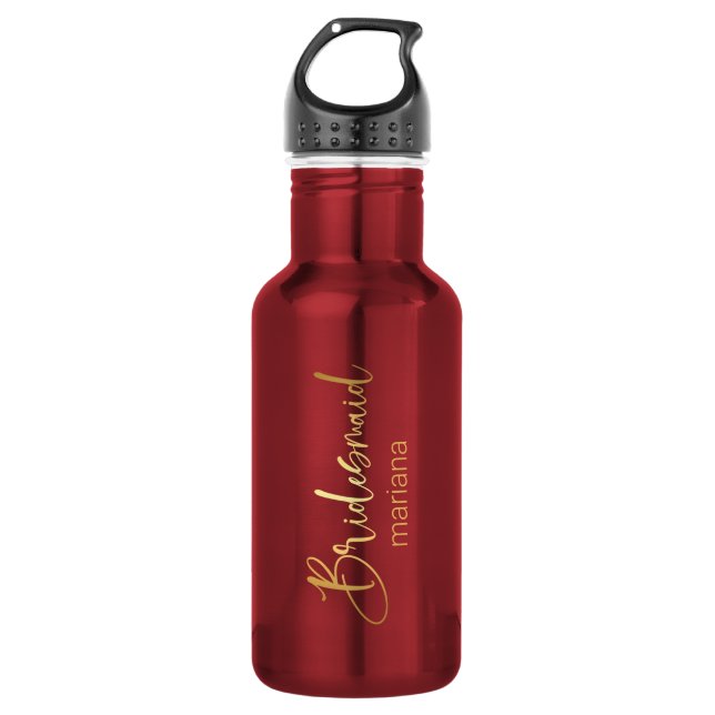 bridesmaid gold script personalized name red stainless steel water bottle (Front)