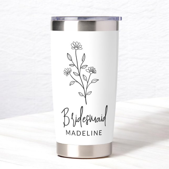 Bridesmaid Hand Scripted Name Floral Bachelorette Insulated Tumbler (Creator Uploaded)