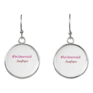 Bridesmaid hashtag light pink add name bride tribe earrings