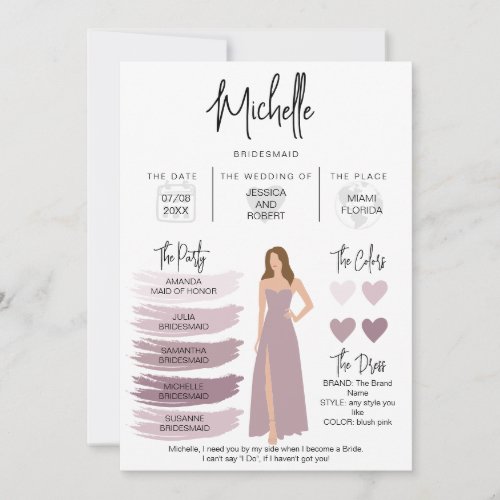 Bridesmaid Info Card Bridal Party Information