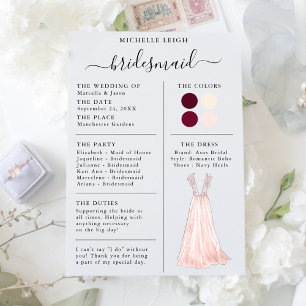 Bridesmaid Info Card Details Burgundy, Pink, Ivory