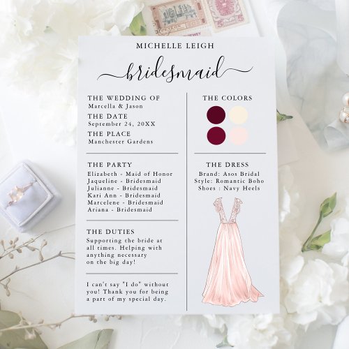 Bridesmaid Info Card Details Burgundy Pink Ivory