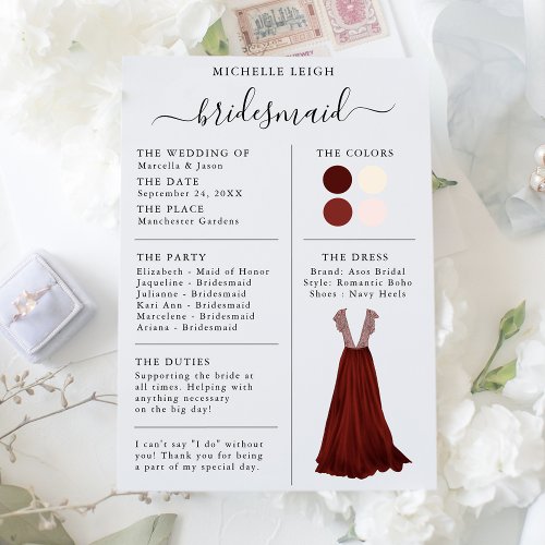 Bridesmaid Info Card Details Burgundy Pink Ivory
