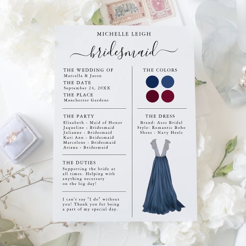 Bridesmaid Info Card Details Navy  Burgundy