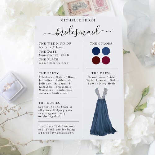 Bridesmaid Info Card Details Navy  Burgundy