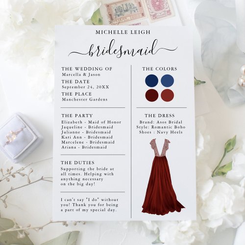 Bridesmaid Info Card Details Navy  Burgundy