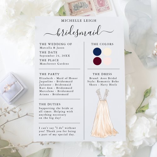 Bridesmaid Info Card Details Navy Burgundy Ivory