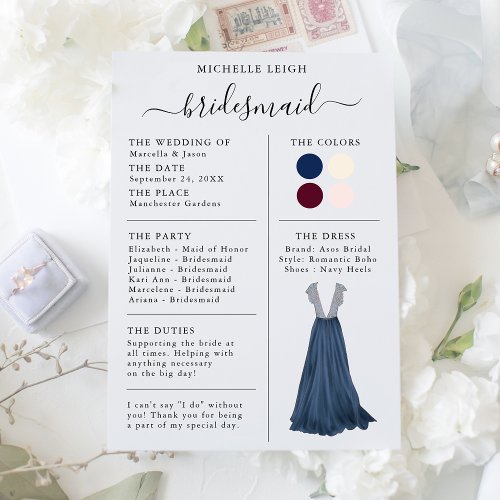 Bridesmaid Info Card Details Navy Burgundy Ivory