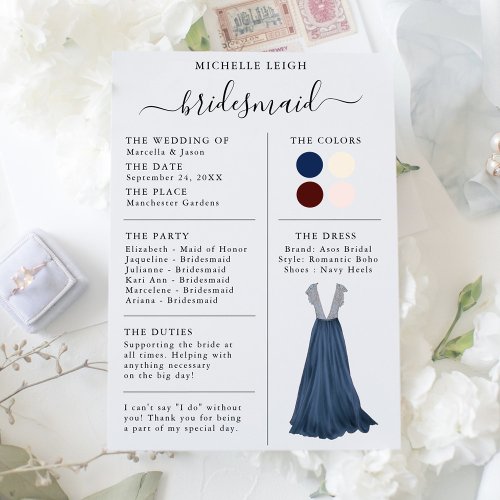 Bridesmaid Info Card Details Navy Burgundy Ivory