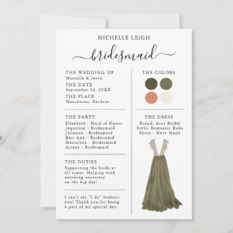 Bridesmaid Info Card Details Olive, Clay | Zazzle