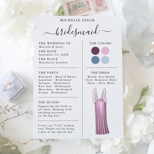 Bridesmaid Info Card Details Plum Lavender Blue