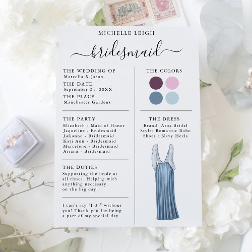 Bridesmaid Info Card Details Plum Lavender Blue