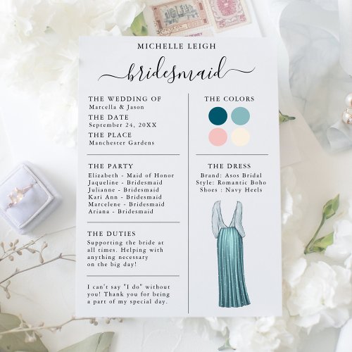 Bridesmaid Info Card Details Teal Pink Ivory