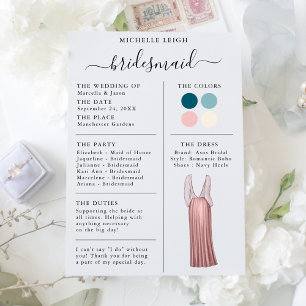 Bridesmaid Info Card Details Teal, Pink, Ivory