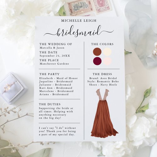 Bridesmaid Info Card Details Terracotta Burgundy