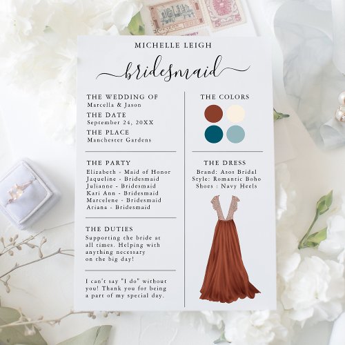 Bridesmaid Info Card Details Terracotta Teal