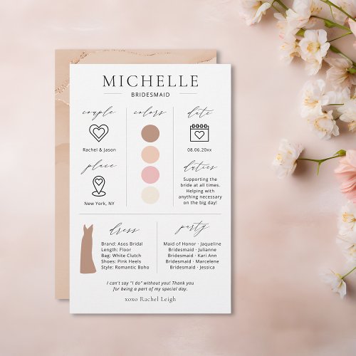 Bridesmaid Info Colors Date Dress Card