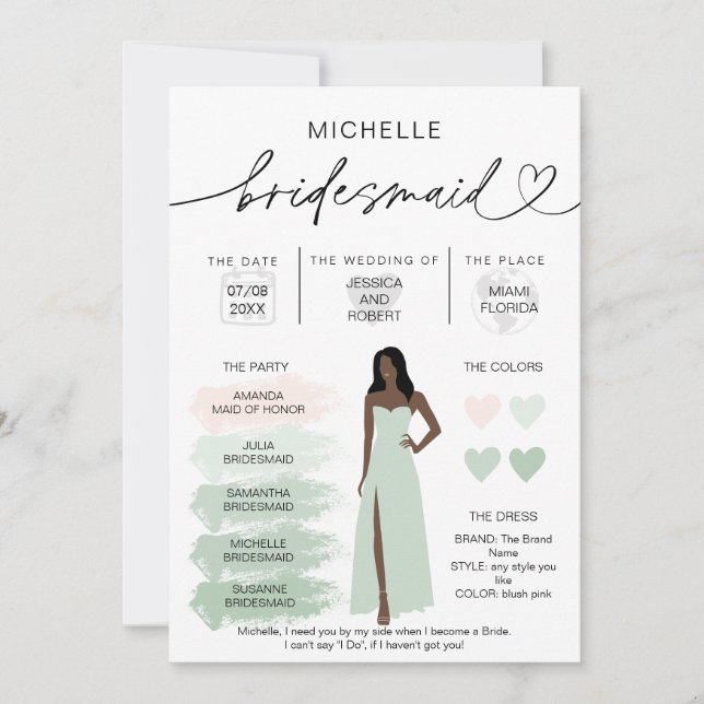 Bridesmaid Info Sage Color Palette Infographic Invitation (Front)