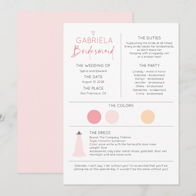 Bridesmaid Information and Proposal Card Template (Front/Back)