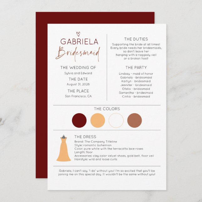 Bridesmaid Information and Proposal Card Template (Front/Back)