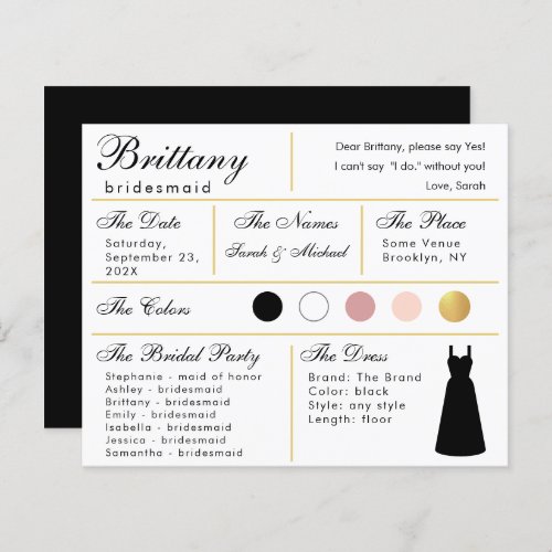 Bridesmaid Information Card _ Black Gold Wedding