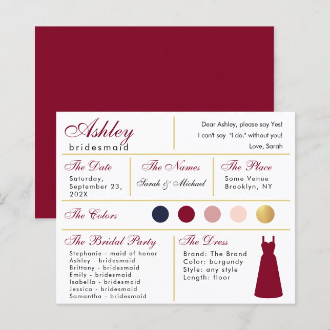  Bridesmaid Information Card Burgundy Gold Colors (Front/Back)