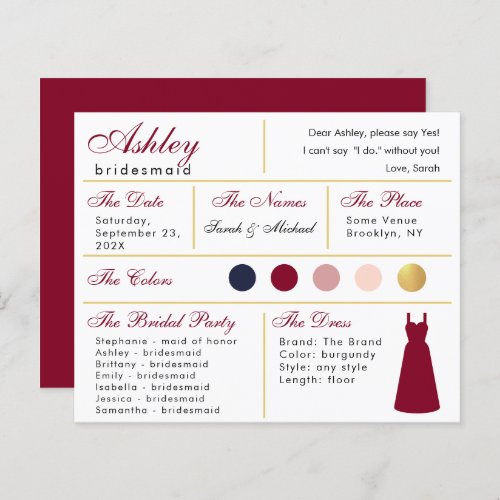  Bridesmaid Information Card Burgundy Gold Colors