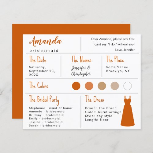 Bridesmaid Information Card _ Burnt Orange Dress