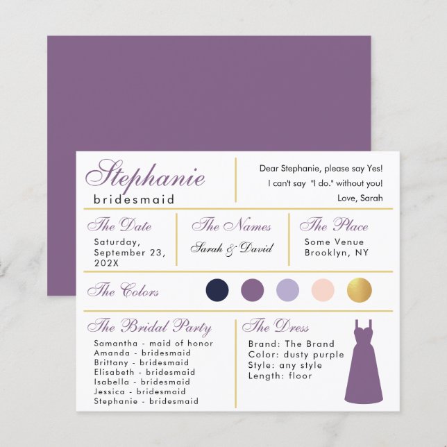  Bridesmaid Information Card - Dusty Purple Gold (Front/Back)