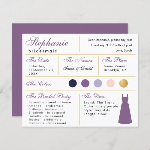  Bridesmaid Information Card _ Dusty Purple Gold